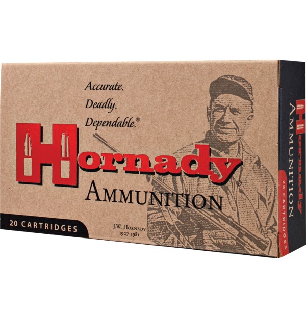 Hornady ammunition box with 20 cartridges.