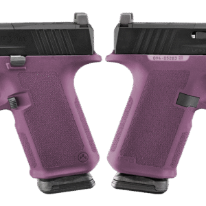Two-tone purple and black handgun viewed from sides.