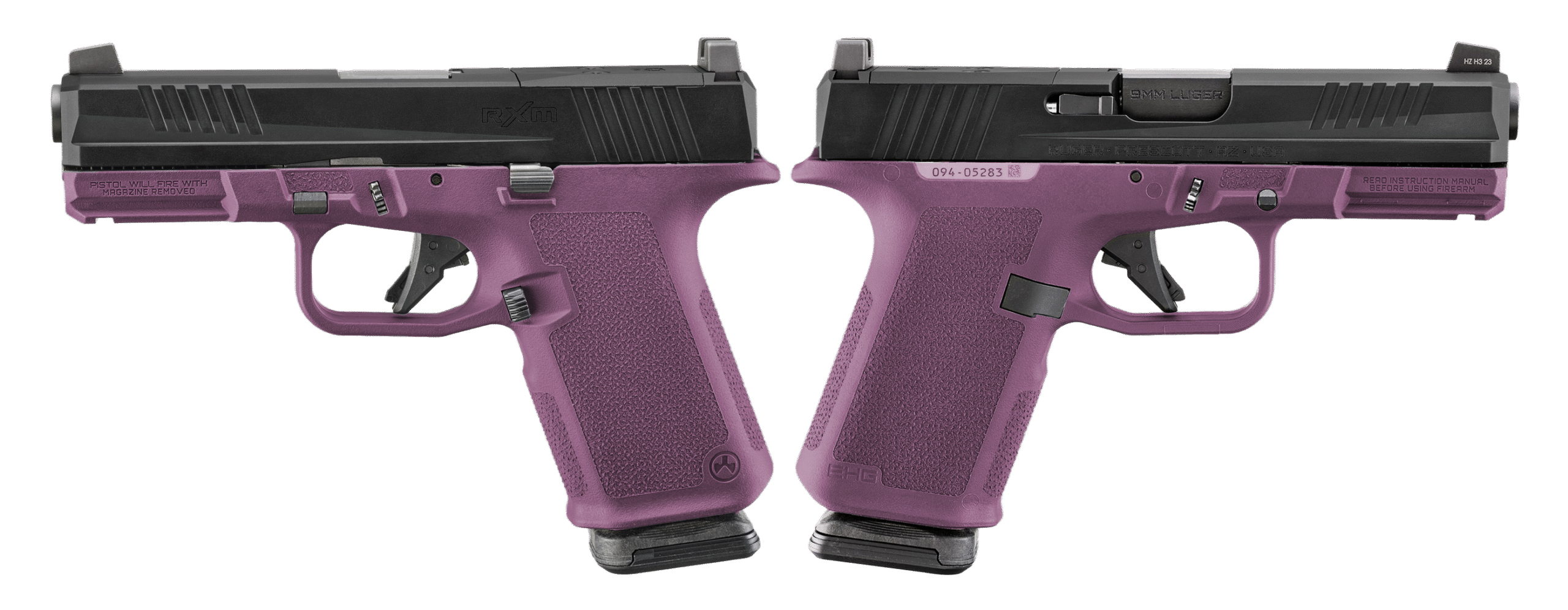 Two-tone purple and black handgun viewed from sides.