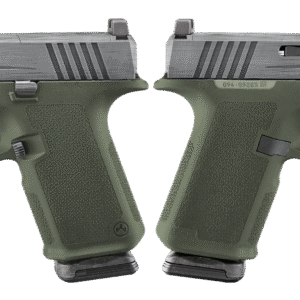 Two green-handled pistols displayed side by side.