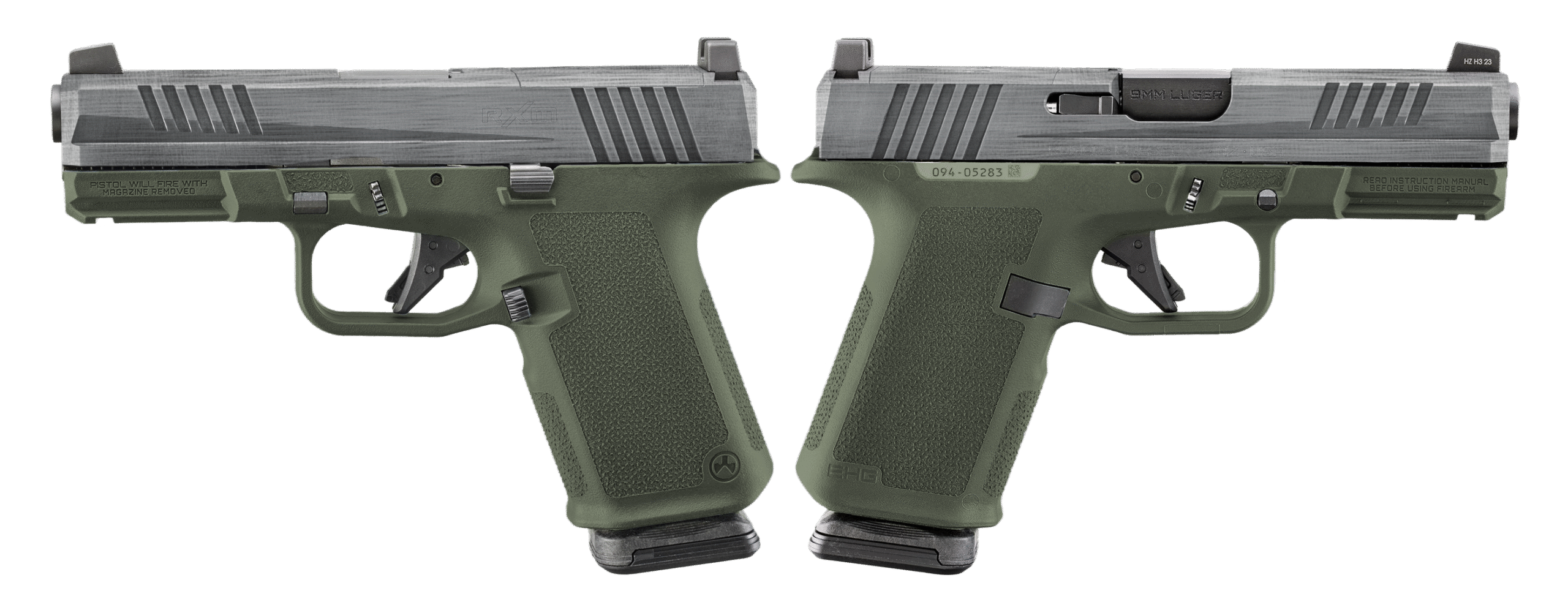 Two green-handled pistols displayed side by side.