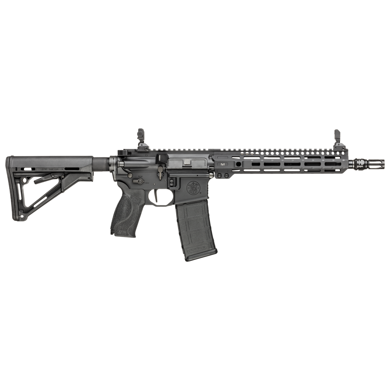 Black semi-automatic rifle on a plain background