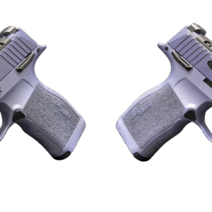 Two purple handguns side by side.