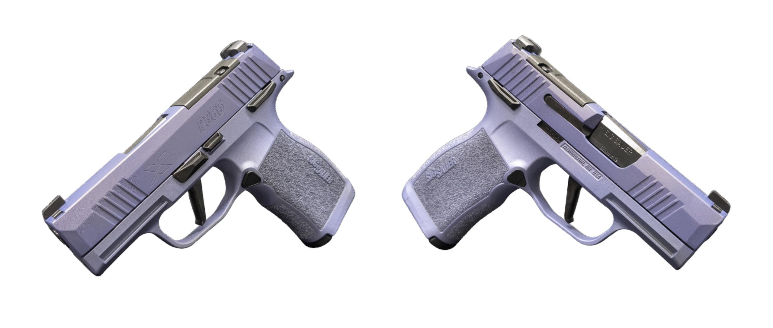 Two purple handguns side by side.