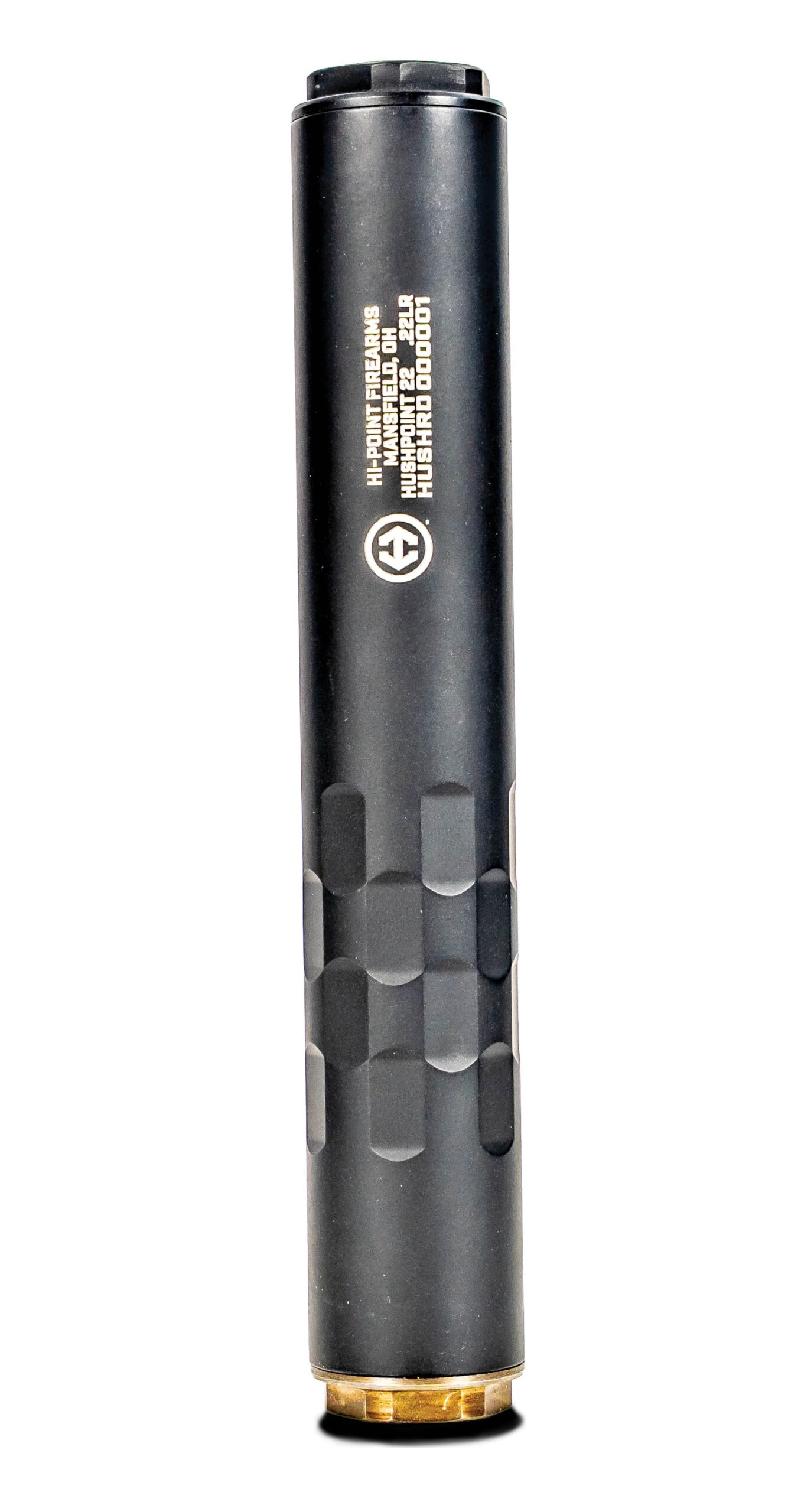 Black firearm suppressor displayed on white background