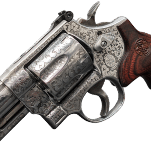 Detailed silver revolver with wooden grip.