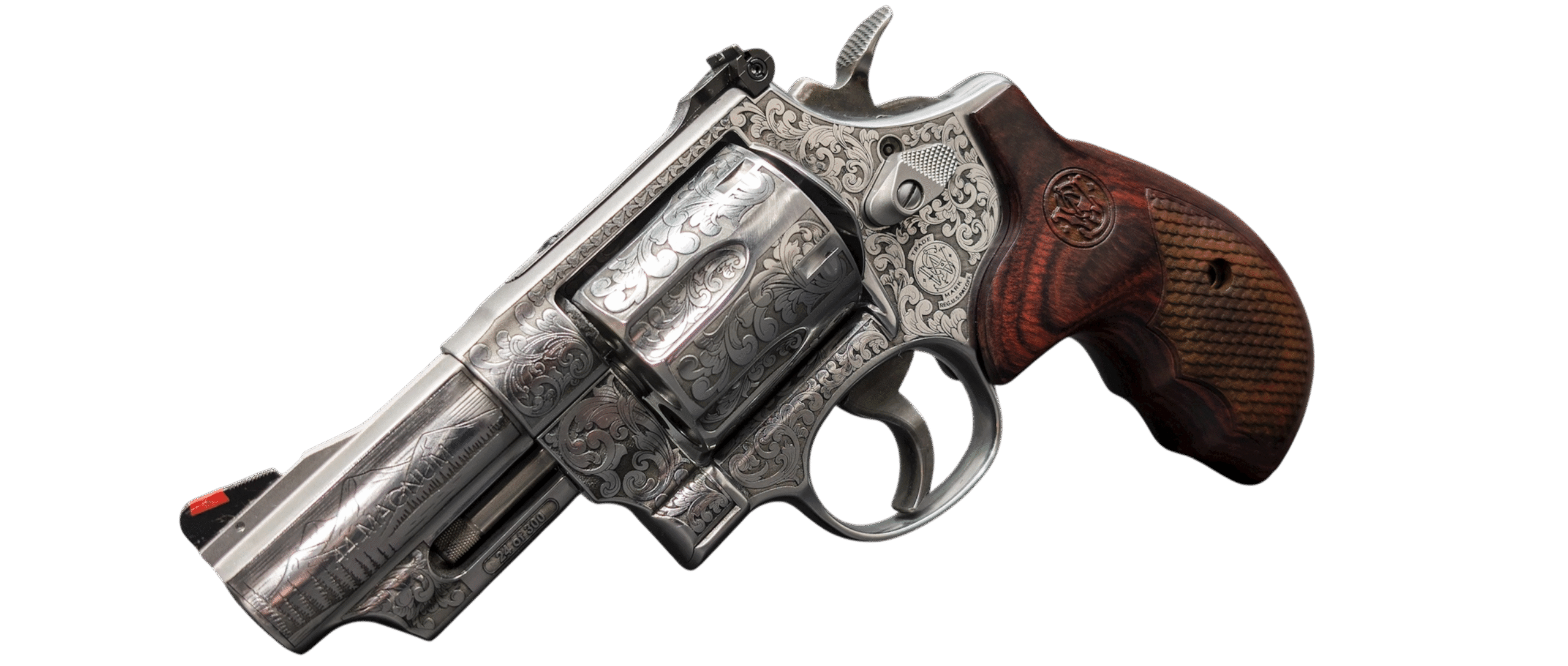 Detailed silver revolver with wooden grip.