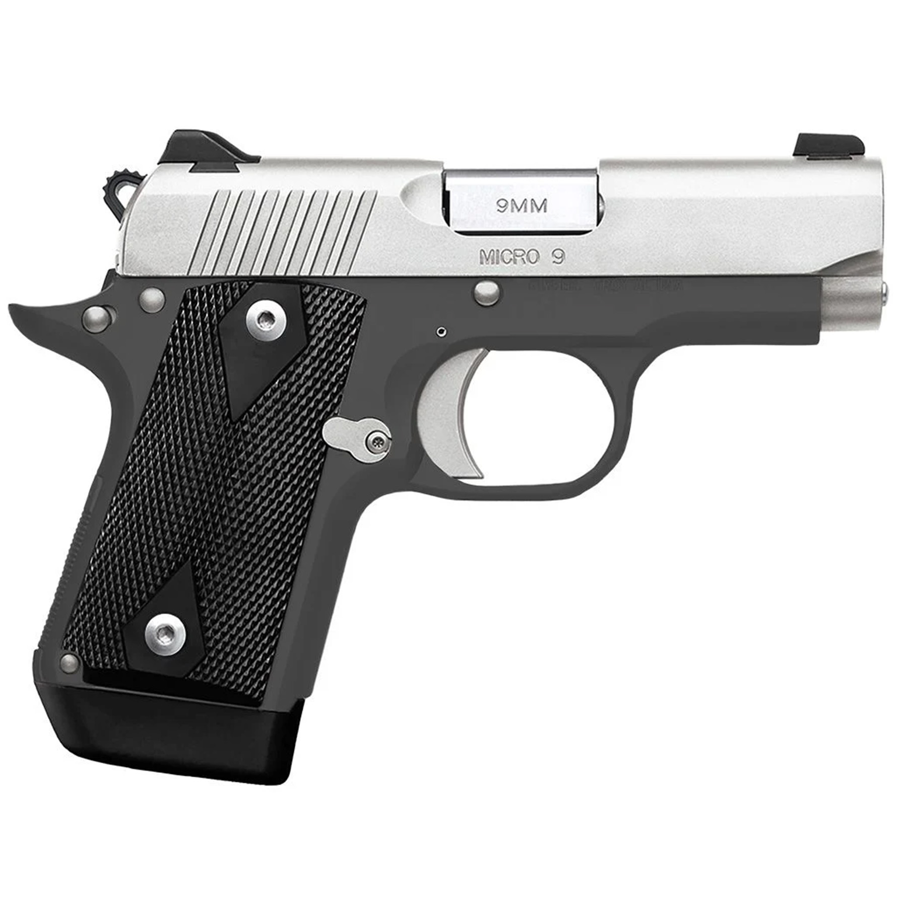 Compact 9mm handgun with ergonomic grip design.