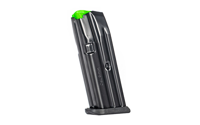 Black magazine with green tip for firearms.