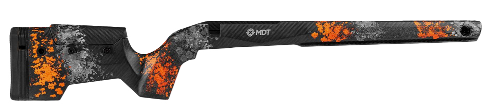 MDT rifle stock with orange and gray pattern