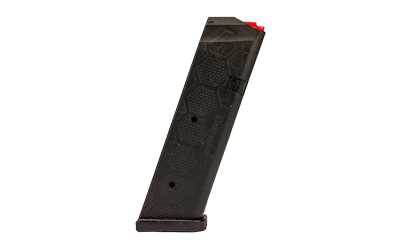 Black firearm magazine with hexagonal texture.