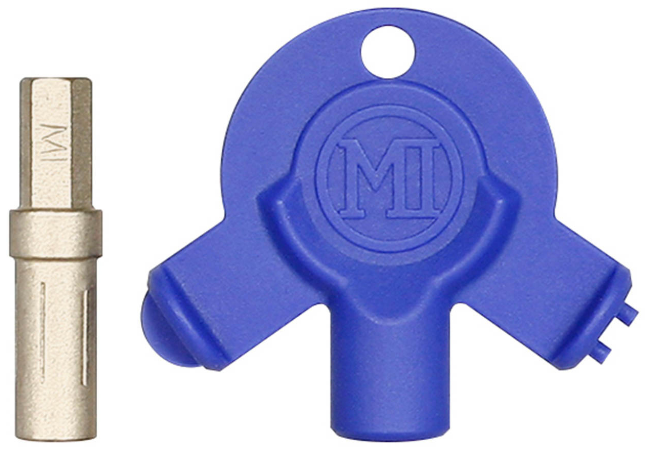 Blue multi-tool key and silver bit for tools.