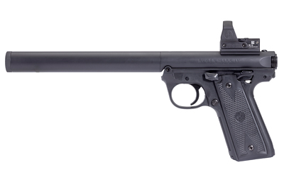 Black semi-automatic pistol with red dot sight.