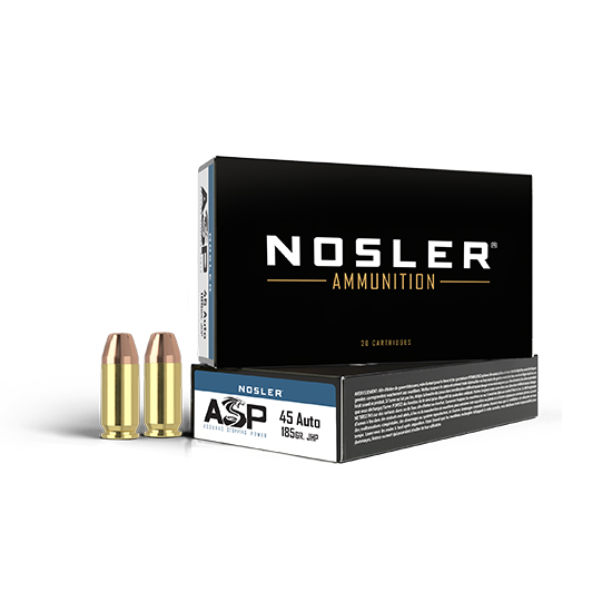 NOSLER .45 Auto ammunition box with cartridges