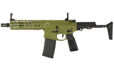 Green tactical firearm on a white background