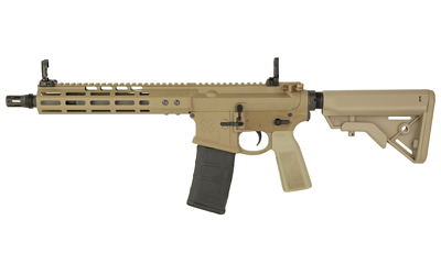 Tan-colored modern rifle with adjustable stock.