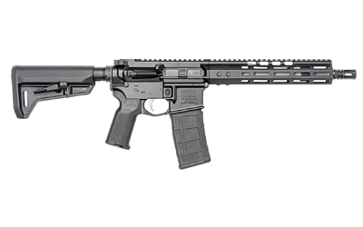 Black modern rifle with adjustable stock and magazine.