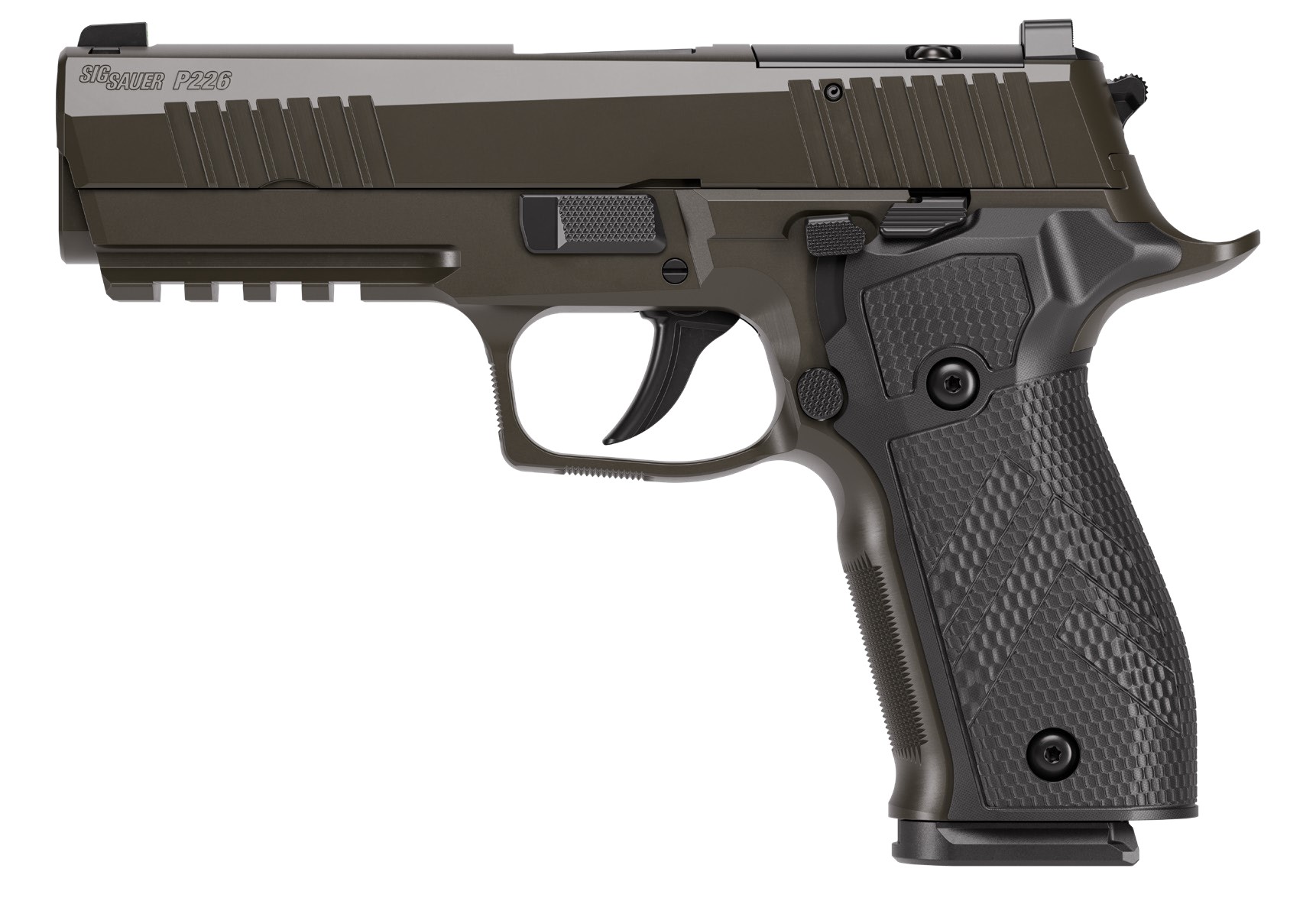 Side view of a SIG Sauer P226 handgun.