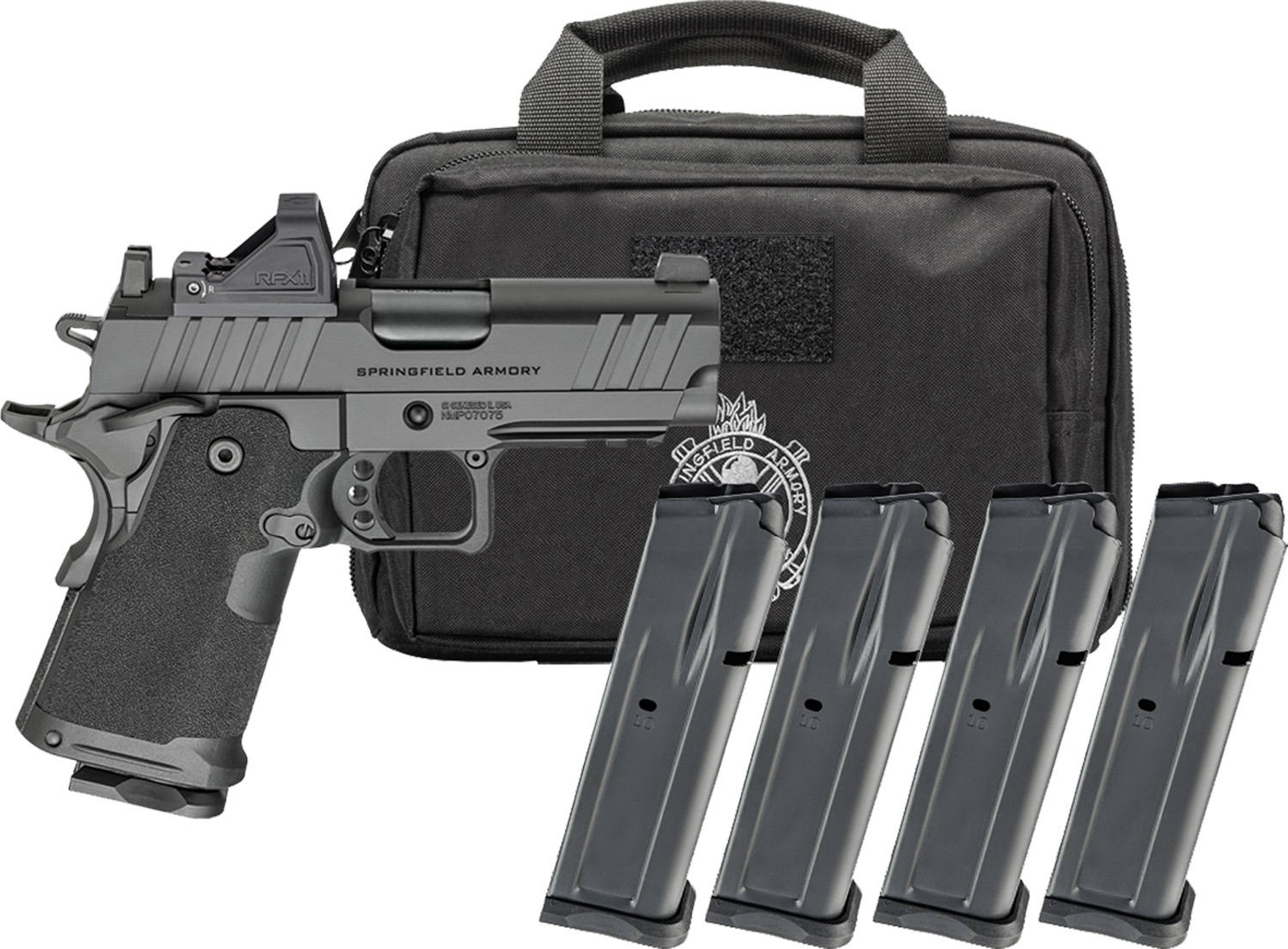 Springfield Armory pistol with magazines and case.