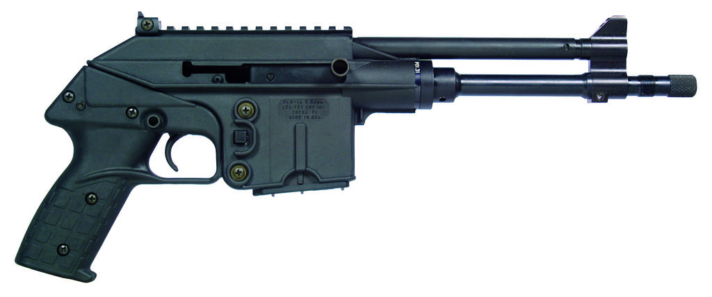 Black compact firearm with a tactical design.