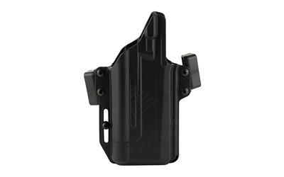 Black firearm holster with adjustable attachment features.