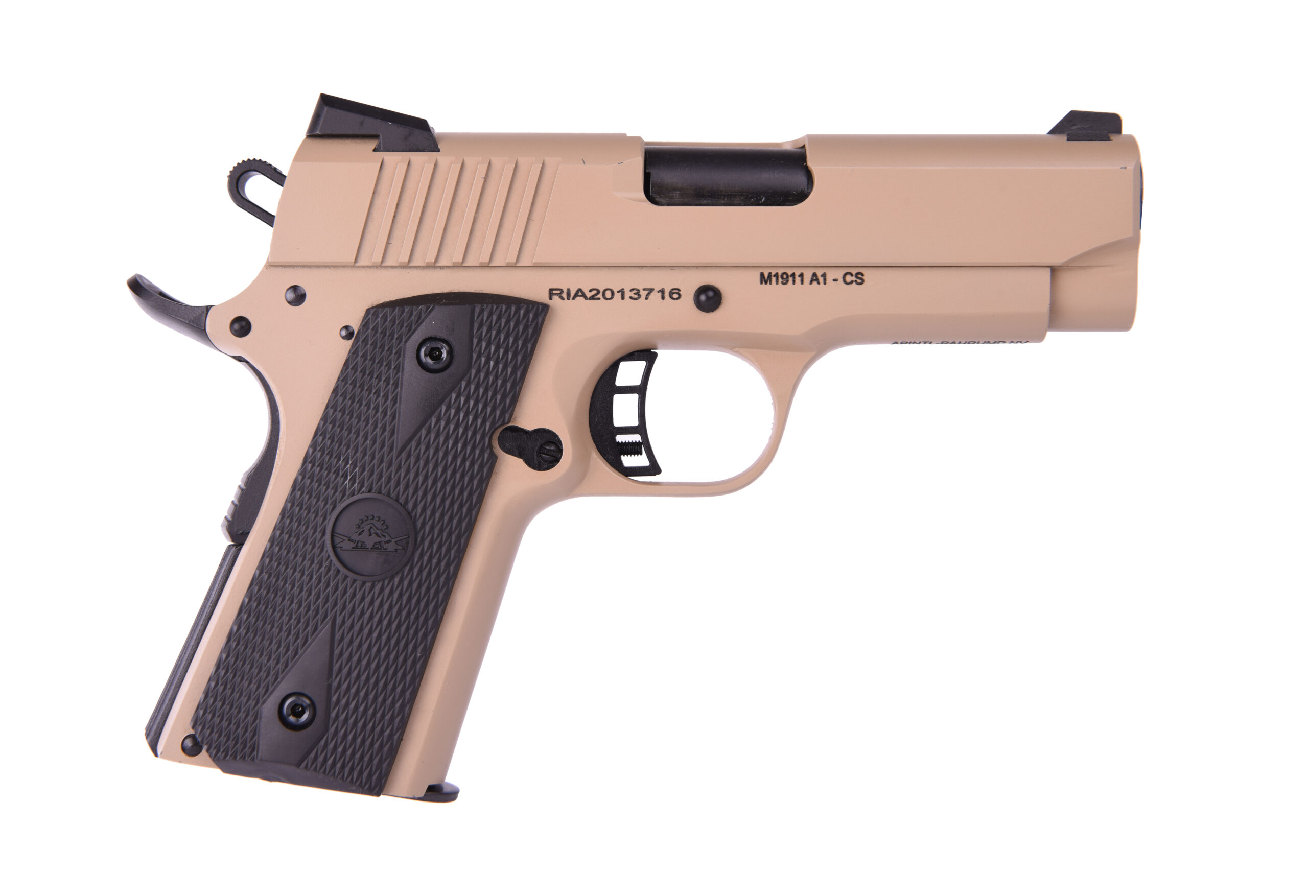 Tan semi-automatic pistol angled right