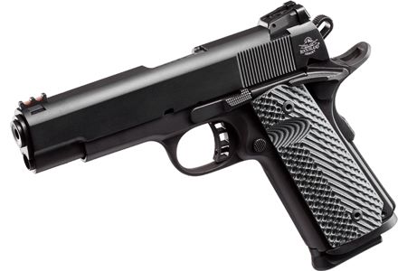 Black semi-automatic pistol with textured grip.