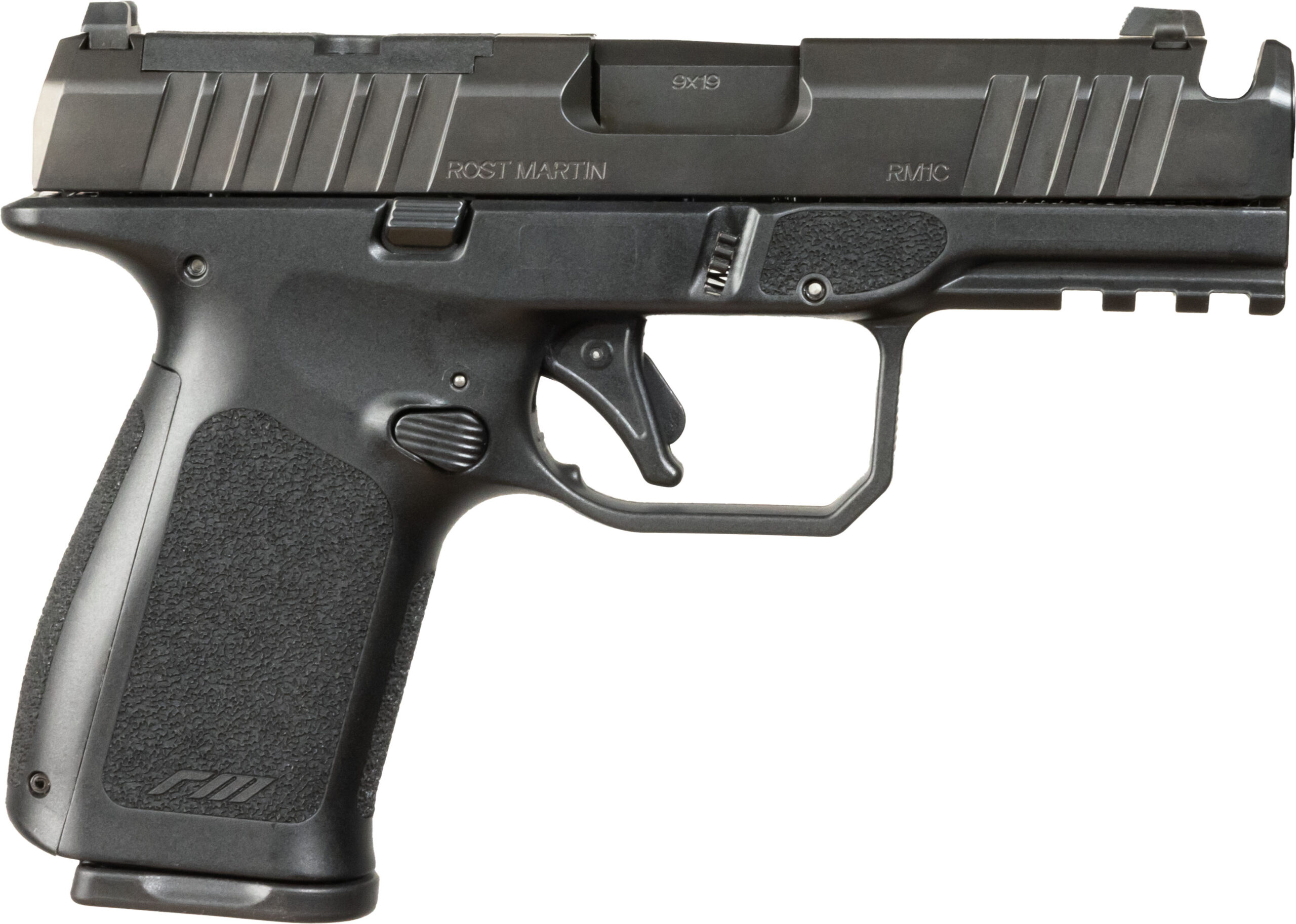 Side view of a black semi-automatic pistol.