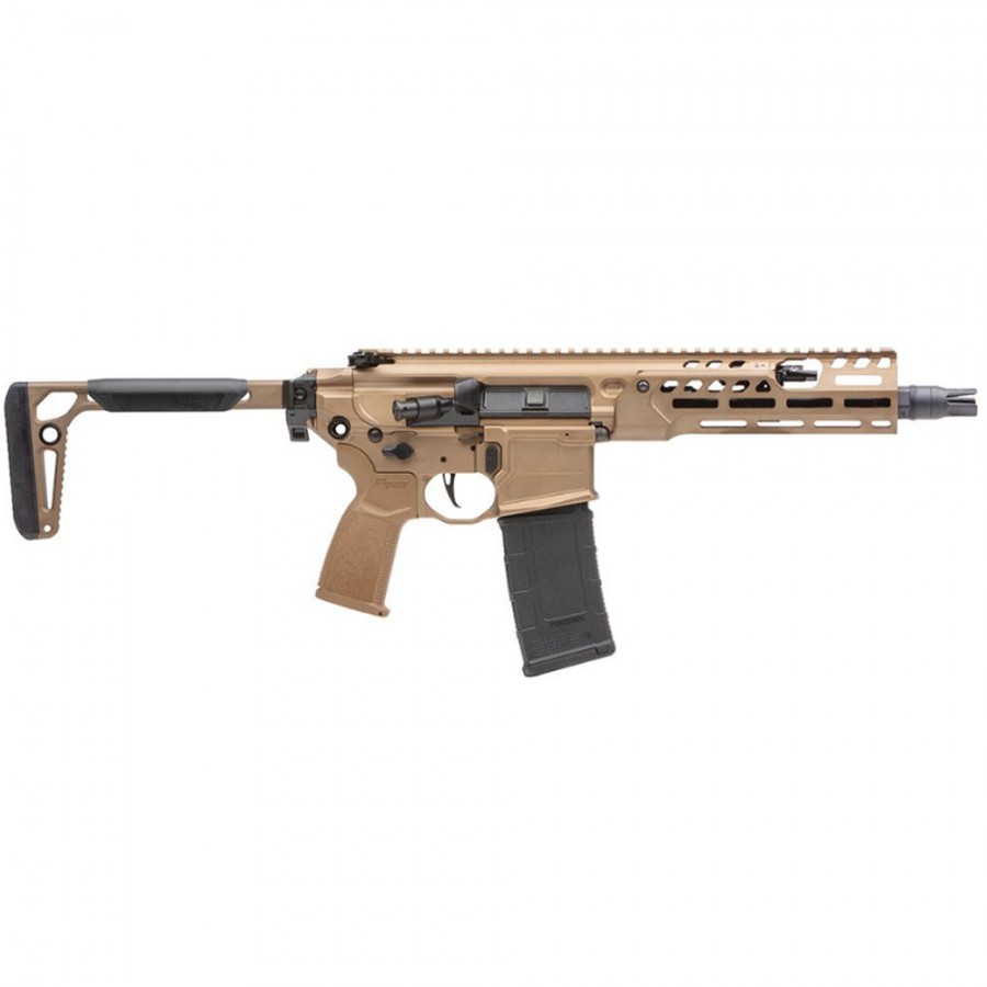 Tan-colored modern rifle with adjustable stock.