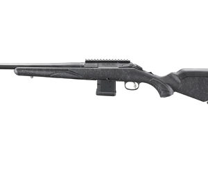 Side view of a black hunting rifle.