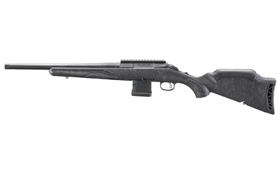Side view of a black hunting rifle.