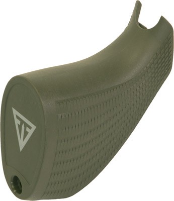 Green firearm grip with textured surface.