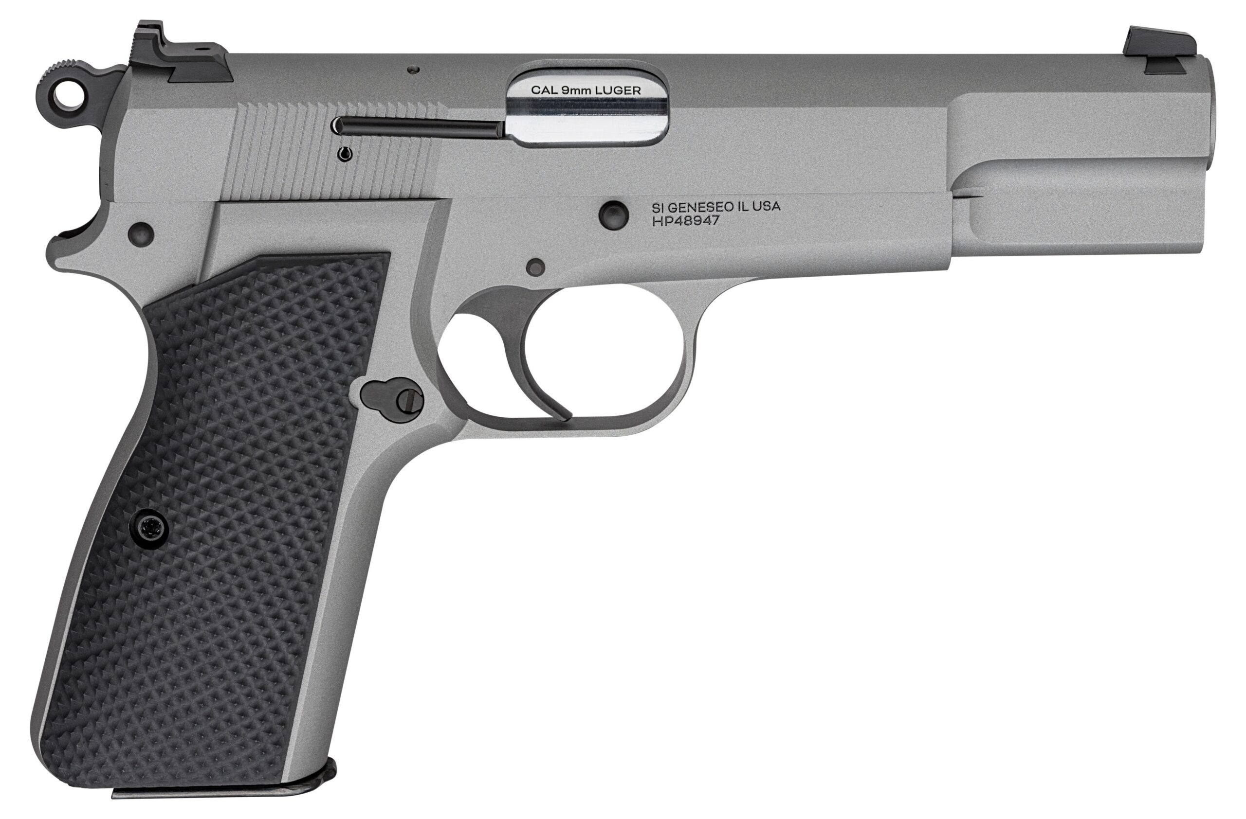 Gray semi-automatic handgun with textured grip.