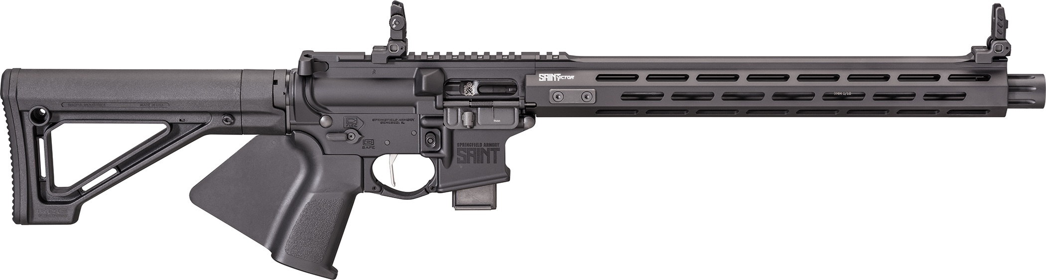 Black rifle with an adjustable stock and rail system