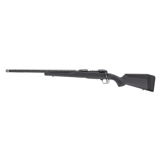 Side view of a black hunting rifle.