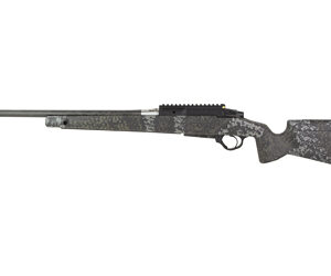 Side view of a camouflaged hunting rifle.