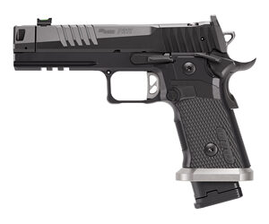 Black and silver semi-automatic pistol on white background.