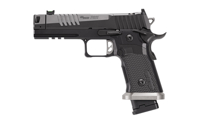 Side view of a semi-automatic pistol.