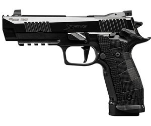Black handgun with textured grip and silver accents.