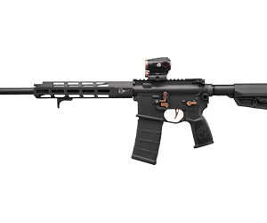 Black modern rifle with scope and magazine.