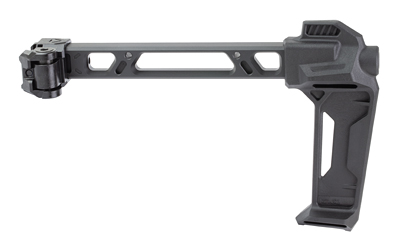 Adjustable firearm stock with ergonomic design.