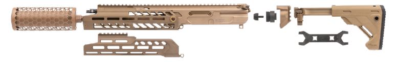 Disassembled firearm components in brown color.