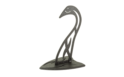 Artistic bird-shaped metal sculpture stand.