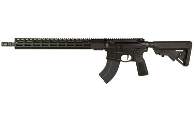 Side view of a black rifle on a white background.