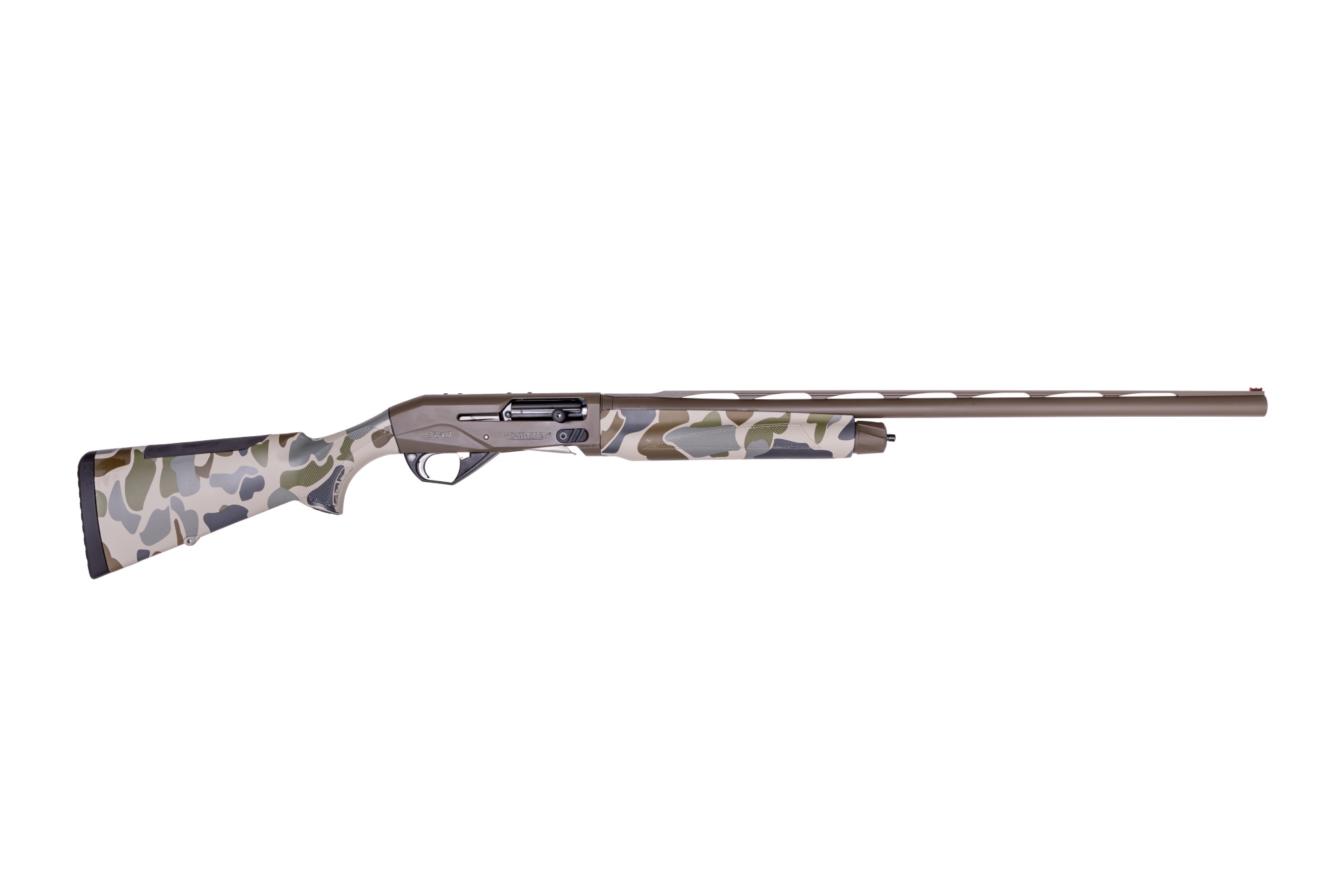 Camo-patterned shotgun on a white background