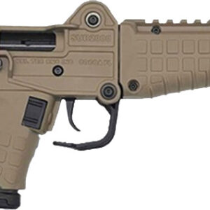 Tan tactical firearm with grip and rail system.
