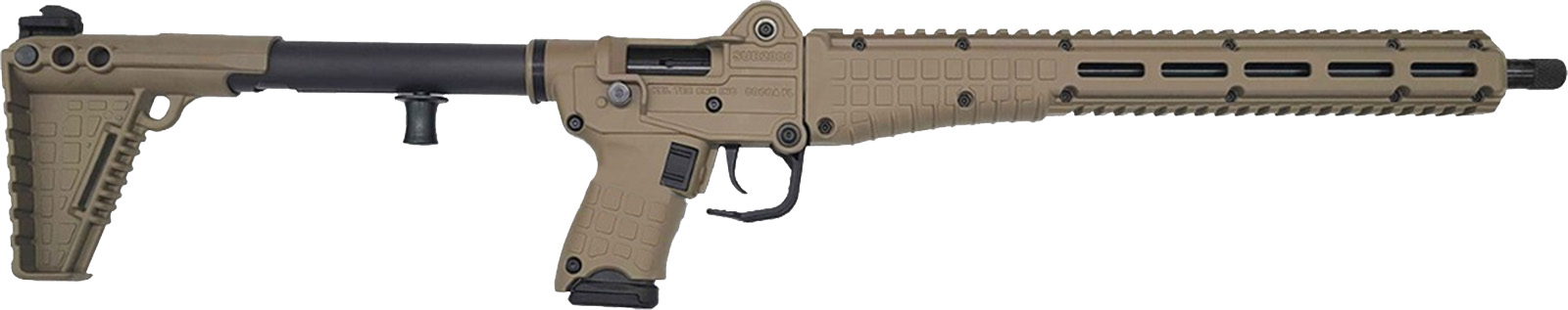 Tan tactical firearm with grip and rail system.