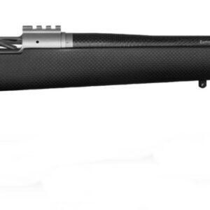 Side view of a black rifle with scope.