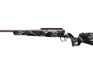 Camo-patterned hunting rifle with scope rail.