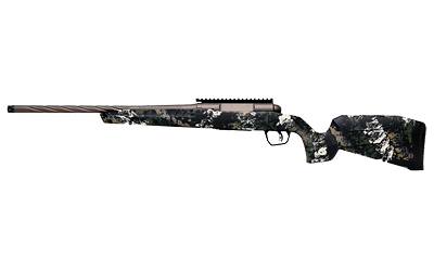 Camo-patterned hunting rifle with scope rail.
